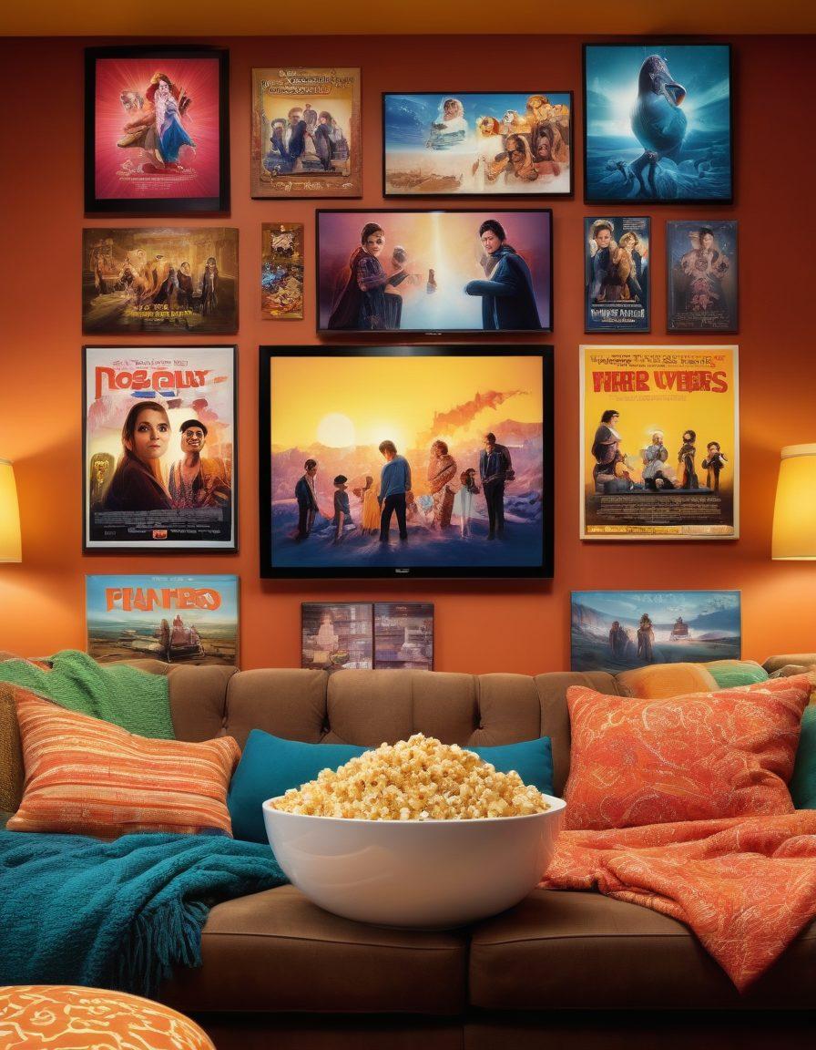 A cozy living room scene featuring a large screen displaying diverse movie genres, surrounded by popcorn, soda, and comfy blankets. A family of four is joyfully binge-watching together, with expressive faces showing excitement. There should be colorful posters of popular films on the walls and soft ambient lighting enhancing the atmosphere. The scene conveys a sense of community and enjoyment in the world of free streaming. vibrant colors. super-realistic.