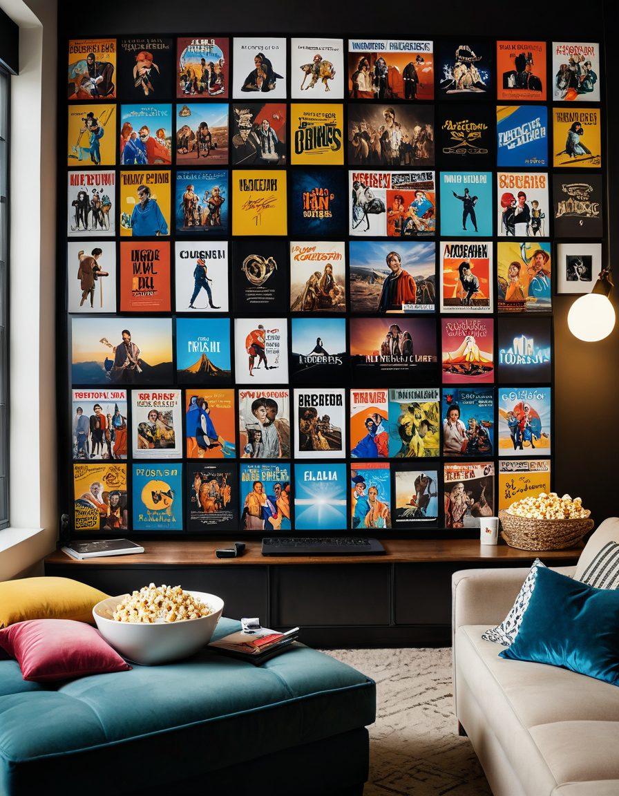 A cozy living room scene, featuring a large screen displaying various movie and TV series thumbnails. Soft lighting illuminates a plush couch piled with colorful throw pillows and a bowl of popcorn. Include a laptop on a side table showing a browser with free streaming sites. Decorate the walls with film posters and a vintage projector in the corner. The overall atmosphere should feel inviting and warm. vibrant colors. super-realistic.