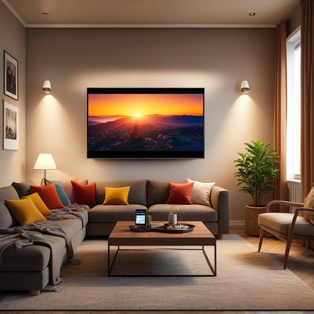 A cozy living room setup with a large TV screen displaying vibrant scenes from various movies and shows, surrounded by a bowl of popcorn and a remote control. Soft ambient lighting enhances the inviting atmosphere, and a plush couch adds comfort. Include a bookshelf filled with classic films and vibrant wall art related to cinema. The scene should evoke a sense of relaxation and enjoyment in digital streaming. super-realistic. warm tones. cozy ambiance.